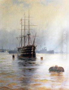Hms Victory At Her Permanent Mooring In Portsmouth Harbour by Edwin Fletcher