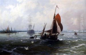 Schooner And Fishing Boat Leaving Harbour by Edwin Fletcher