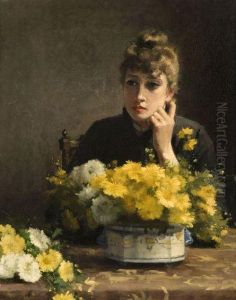 Autoportrait De L'artiste, Pensive Devant Un Bouquet De Fleurs by Fanny-Laurent Fleury