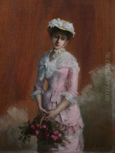 French Beauty In Pink With Basket Of Roses - view 1