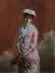French Beauty In Pink With Basket Of Roses by Fanny-Laurent Fleury