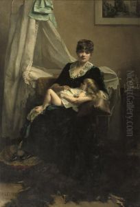 An Elegant Lady In An Interior With Sleeping Child by Fanny-Laurent Fleury