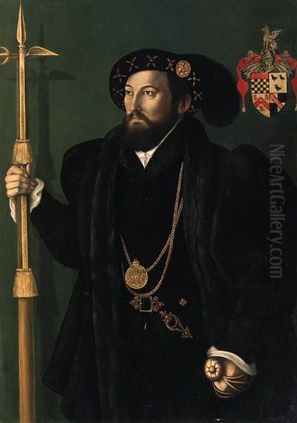 Portrait Of A Member Of The Palmer Family Of Lemington,gloucestershire, Probably William Palmer, A Member Of The Gentlemenpensioners, Three-quarter-length, In A Black Gown And Doublet,wearing A Long Double Gold Chain Around His Neck, With A Hat With Ameda - view 1