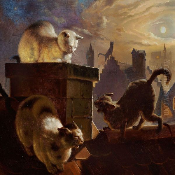 Cats On A Ridge Of A Roof At Full Moon - view 1