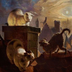 Cats On A Ridge Of A Roof At Full Moon