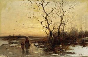 Mutter Mit Kind Auf Gefrorenem Flusslauf Bei Sonnenuntergang by Heinz Flockenhaus