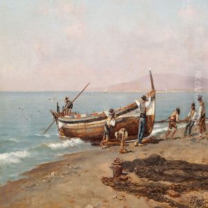 View Of Thecoast Of Malaga With Fishermen At Their Boats by Enrique Florido Bernils