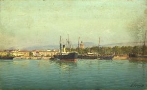 "view Of A Coastal Town With Ships At Harbor" by Enrique Florido Bernils