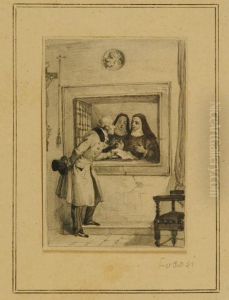 "monache" Matita E Acquerello Su Carta In Cornice by Alessandro Focosi