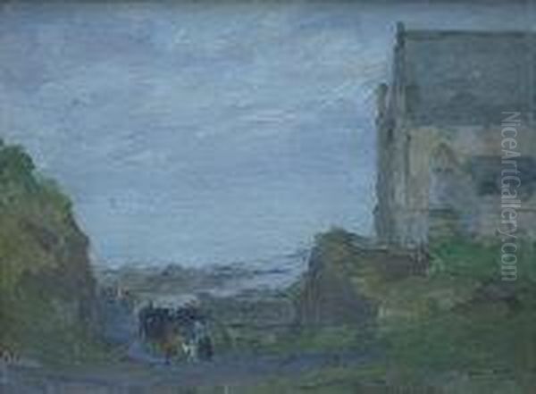 Figures On A Path Beside An Abbey In A Coastal Landscape - view 1