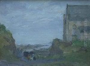 Figures On A Path Beside An Abbey In A Coastal Landscape by David Foggie