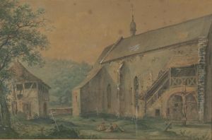 Ehrsheimer Kapelle Unter Burg Hirschhorn.
 Aquarell, Mit Weis Gehoht, Auf Braunlichem Papier. . Ca. 30 : 46 Cm . Gerahmt. Bildmasig Durchgearbeitete Komposition, Die In Einem Ausgepragten Gefuhl Fur Den Ausdruckswert Der Linie, Mit Groser Genauigkeit Dem by Carl Philipp Fohr