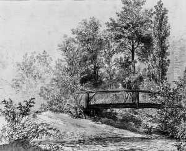 Landschaft Mit Zwei Personen Auf Einem Steg. Verso: Uber Einen Bach Fuhrende Steinbrucke. - view 1