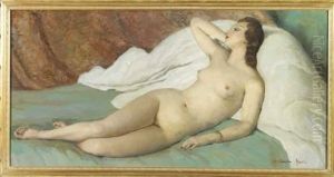 Nu Etendu Devant Un Rideau Rouge by Constantin Font