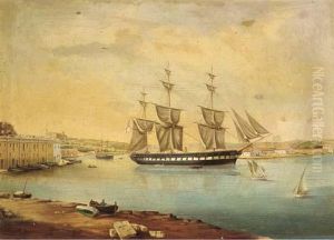 A British Royal Naval Corvette At Anchor And Drying Her Sails Inport Mahon, Minorca by Juan Font Y Vidal
