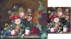 Bouquets De Fleurs, Et Fruits, Sur Un Entablement.