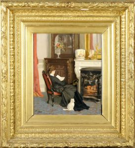 Femme Au Chat, Lisant Dans Un Interieur by Victor Fontaine