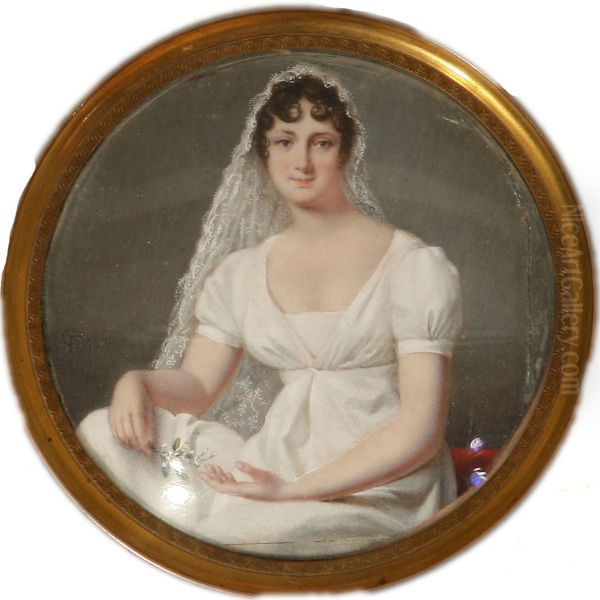 Miniature Portrait Of A Bride In White Gown And Veil With A Blooming Myrtle In Her Right Hand - view 1
