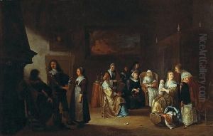 An Interior With A Dutch Family Celebratingthe Birth Of A Baby
