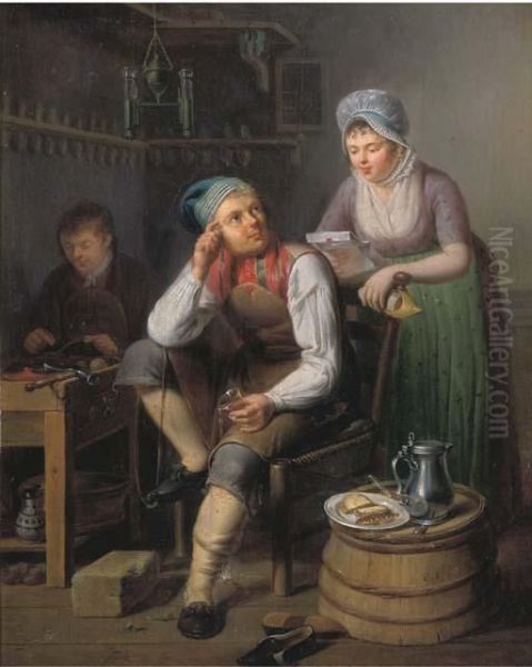 A Shoemaker And A Cobbler At Work, A Lady Reading A Letternearby - view 1