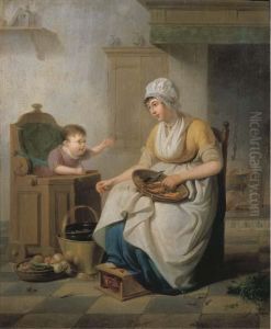 A Small Child In A High Chair With A Servant Cleaning Vegetablesseated Nearby, In A Kitchen Interior by Pieter Fontijn