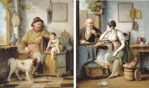 A Small Child, A Man And A Dog In An Interior; And A Young Motherseated Next To A Cradle In An Interior Listening To An Old Man Atan Open Window Nearby by Pieter Fontijn