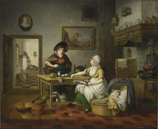 A Kitchen Interior With A Mother Holding A Plate Of Fish, A Baby Sleeping In A Cradle, And A Woman Holding A Bucket Of Fish Standing Next To A Table, A View Of The Pantry Beyond - view 1