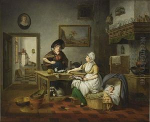 A Kitchen Interior With A Mother Holding A Plate Of Fish, A Baby Sleeping In A Cradle, And A Woman Holding A Bucket Of Fish Standing Next To A Table, A View Of The Pantry Beyond
