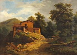 Paysans Et Bergers A La Chaumiere by Nicolas Victor Fonville