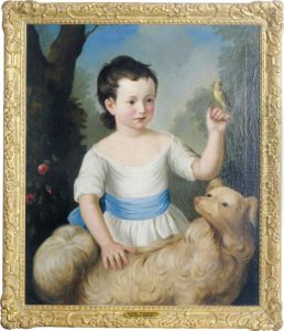 A Young Girl In A Garden With Her Dog And Her Pet Canary On Astring