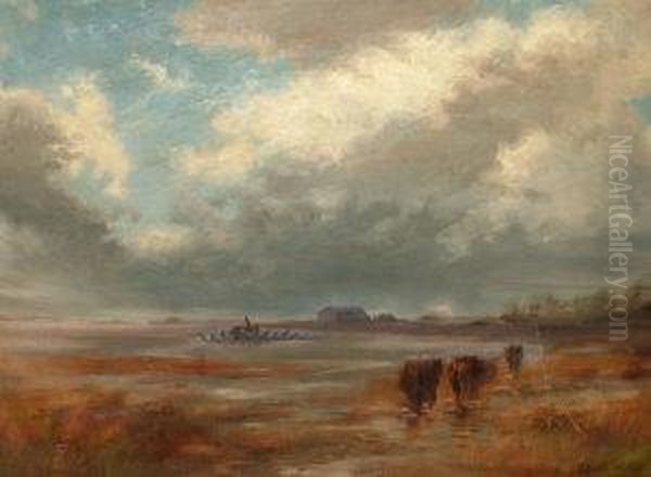 Cattle Watering In A Coastal Marsh; Oil On Board - view 1
