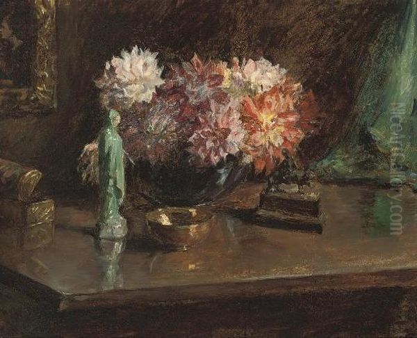 Chrysanthemums And Figurines, On A Table - view 1