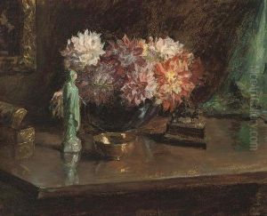 Chrysanthemums And Figurines, On A Table
