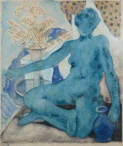 Blue Nude With Mimosa by Vivian Forbes