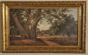 Oil On Canvas Depicting A Country Cabin Within A Wooded Landscape by Henry Chapman Ford