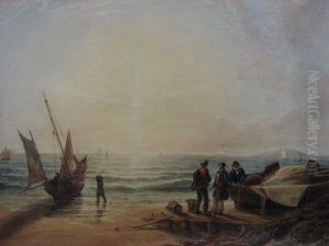 Fishermen With Boats And Nets On Coastline Beach by William Ford