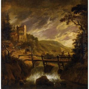 Paysage De Riviere Avec Des Personnages Sur Un Pont