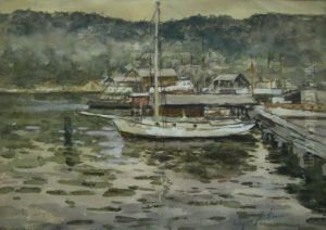 Docked Boats At Harbor by Edgar Forkner