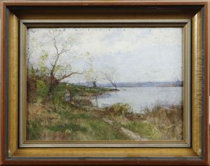 Landskap Medkvinna Vid Vattendrag by Victor Forssell
