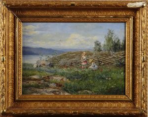 Blomsterplockande Flickor Vid Gardsgard by Edvard Forsstrom