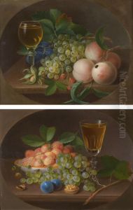 Natures Mortes De Fruits Avec Un Verre De Vin Sur Un Entablement, Dans Un Ovale Peint