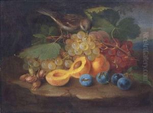 Still-life With Grapes, Peaches, Plums, Nuts And A Sparrow