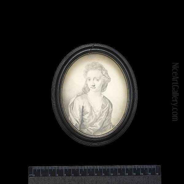 A Lady, Wearing Silk Dress With Frilled White Underslip, Cloak Over Her Right Shoulder And Striped Veil In Her Hair. - view 1