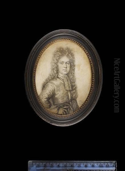A Young Gentleman, Wearing Doublet, Lace Jabot And Very Long Powdered Wig, His Right Hand On His Hip. - view 1