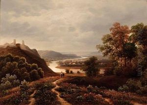 Flusslandschaft Mit Burg Und Personenstaffage