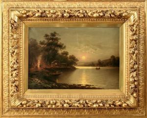 Romantische Seenlandschaft Mit Personenstaffage Am Lagerfeuer Im Mondschein