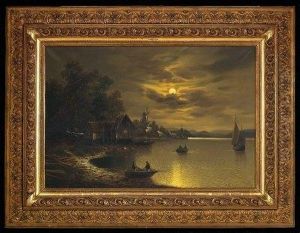 Kustenlandschaft Mit Hausern, Windmuhle Und Fischerbooten Beivollmond.
