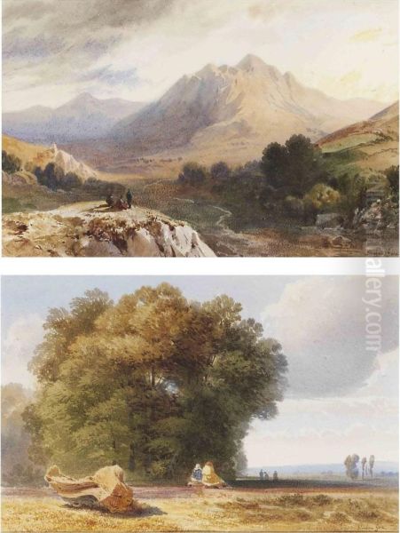 Figures Resting On A Rocky Outcrop In An Extensive Mountainous Landscape - view 1