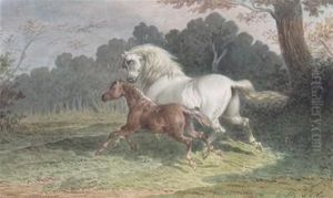 White Mare And Foal At Dusk by Theodore Fort