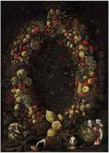 A Garland Of Fruit With Guinea Pigs And Watermelons by Luca Forte